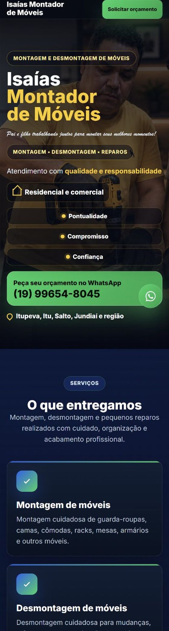 O mesmo site no celular, com o botão de WhatsApp em destaque